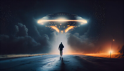 Sci-fi scene showing the spaceship abducting human at the night