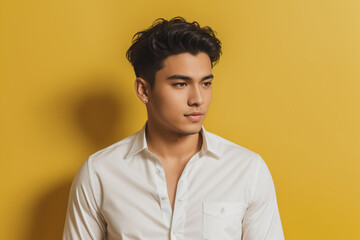 Young man wearing bella canvas white shirt mockup, at yellow background. Generative AI