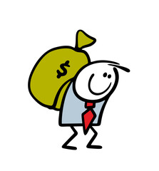 Satisfied cartoon businessman carries a huge bag of money on his back. Vector illustration of a man dragging cash from a bank, took a loan for development.