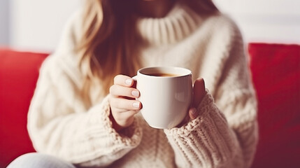 Young woman's hands holding big cup of hot beverage. Female wearing fashionable oversized white knitted sweater, sitting home with mug of coffee. Generative AI