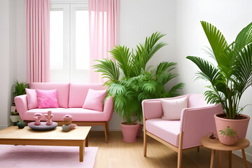 Aloe in pink pot on wooden table in pastel apartment interior with plants and armchair beside sofa with pillows. Design interior apartment.