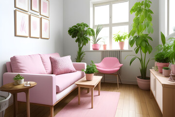 Modern living room. Aloe in pink pot on wooden table in pastel apartment interior with plants and armchair beside sofa with pillows. Design interior apartment.