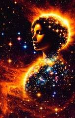 Woman silhouette in space with stars and nebula. The concept of God in the image of a female against the background of the universe. Generative AI.