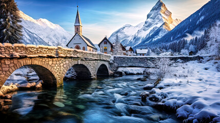 Wintry mountain stream with a stone arched bridge in front of a village church and an alpine mountain panorama in a winter landscape, made with generative ai
