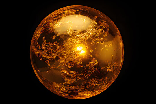 3D render of a golden planet on a dark background with bokeh. golden planet on a black background in space generative AI