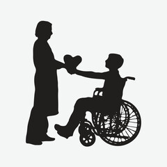Fototapeta na wymiar Inclusive Love, Heartwarming Silhouettes of a Smiling Little Boy in a Wheelchair and a Caring Adult Woman