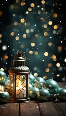 Christmas lamp, candles and baubles against a stone wall background.