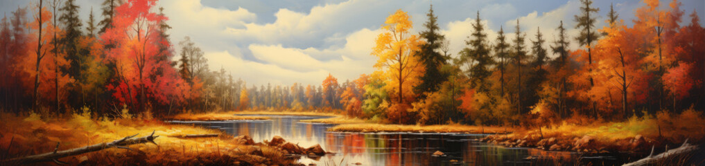 Panoramic view of an autumn forest landscape. AI