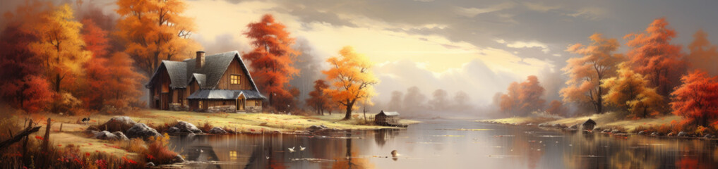 Fototapeta na wymiar Panoramic view of an autumn forest landscape. AI