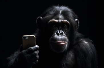 Ape holding a mobile phone on black background. Generative AI.