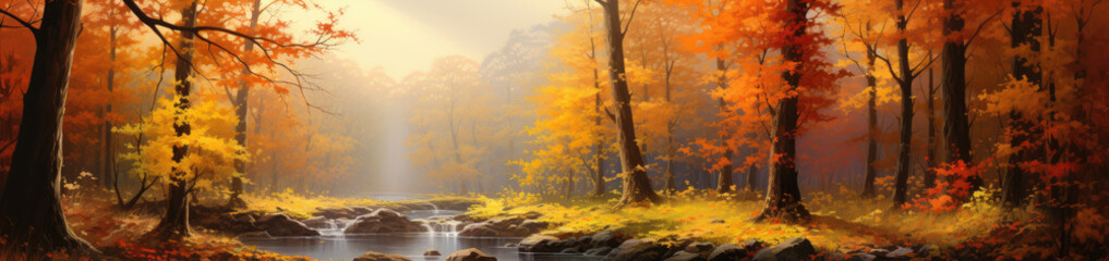 Panoramic view of an autumn forest landscape. AI