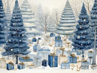 Christmas trees and presents in the snow.
