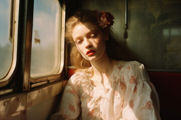 portrait of a woman/model/book character in a vintage train with floral details in a fashion/beauty editorial magazine style film photography look  - generative ai art