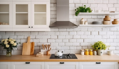 Fototapeta na wymiar Loft Kitchen Cabinet and Worktop with White Brick Wall Background. Apartment Counter in Contemporary Clean Home. Generative AI