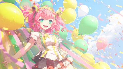 Obraz na płótnie Canvas A cheerful anime girl with vibrant pink hair and a playful expression with balloons.