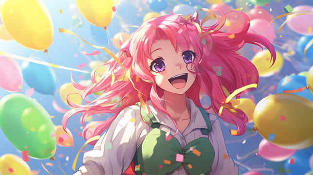 A cheerful anime girl with vibrant pink hair and a playful expression with balloons.