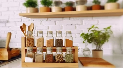 Countertop Spice Rack KItchen Indoor Interior. Kitchenware Utensils on Wooden Strip Indoors. Cooking Stove Surface New Home Design Contemporary Apartment. Generative AI © coco