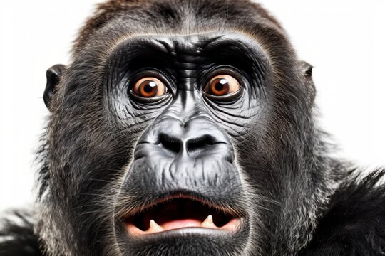 Shocked funny gorilla close up meme face. Generative AI.