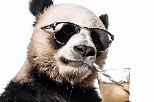 Cool funny easy going panda wearing sunglasses and drinking. Generative AI.