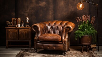 Classic brown leather armchair in vintage living room.