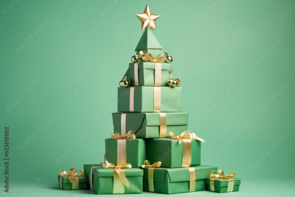 Sticker green christmas presents and gifts stacked into a festive christmas tree shape