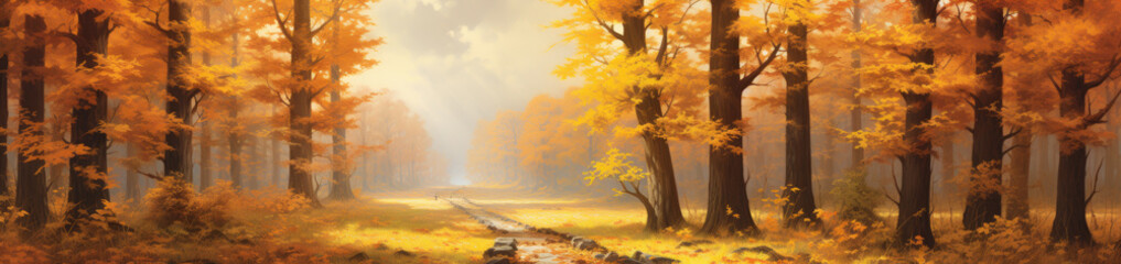 Naklejka na ściany i meble Panoramic view of an autumn forest landscape. AI