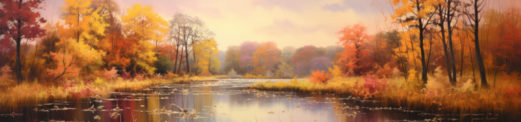 Panoramic view of an autumn forest landscape. AI