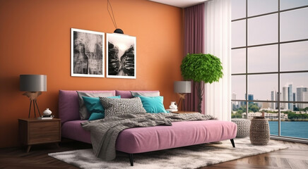 Fototapeta premium Discovering Serenity and Style in an Interior Adorned with a Plush Sofa. Generative AI