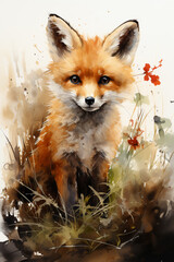 Obraz premium Portrait of a cute baby fox ,watercolour illustration created with Generative AI technology.