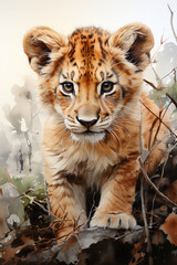 Obraz premium Portrait of a cute baby lion,watercolour illustration created with Generative AI technology.