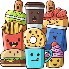 Vector illustration of doodle kawaii food and drink.