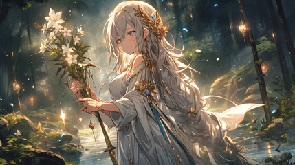 An elegant anime girl with long silver hair, a flowing white dress, and piercing blue eyes. She holds a delicate silver staff adorned with glowing crystals
