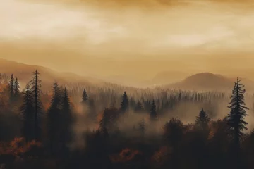 Fototapete Morgen mit Nebel Misty landscape with fir forest in hipster vintage retro style, forested mountain slope in low lying cloud, smokey fog filled background