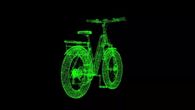 3D e-bike bicycle rotates on black bg. Sharing or rent personal eco transportation. Driving ecology transport. Urban Style Green Energy City Transport. For title, presentation. 3d animation 60 FPS