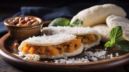 Fototapeta na wymiar Delicious Tapioca, a brazilian snack made with cassava flour and shrimp, manioc on a plate. Food design.