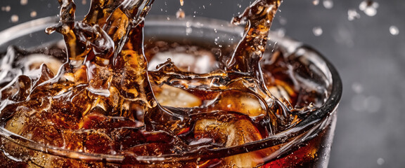 Pouring of Cola and Ice. Cola soda and ice splashing fizzing or floating up to top of surface. Close up of ice in cola water. Texture of carbonate drink with bubbles in glass. Cold drink background
