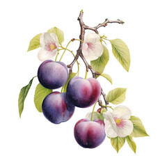 Botanical illustration, branch with plums in retro illustration style, PNG. Generative AI