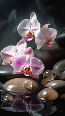 orchids close-up on the water, black stones and water nature still life