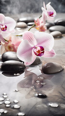 orchids close-up on the water, black stones and water nature still life