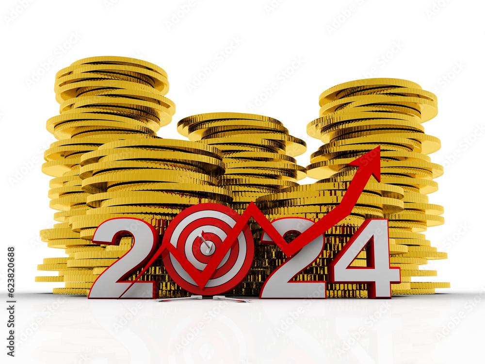 Poster 3d rendering gold coins with 2024 on target