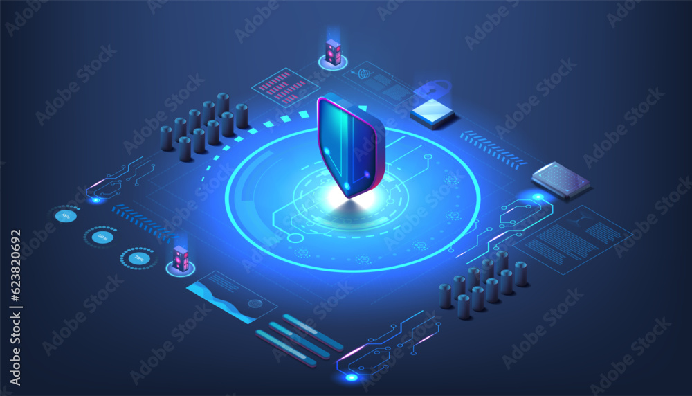 Poster Cyber security. Digital shield. Ransomware DDoS encryption. WAF protection. Isometric network information safety. Computer secure web system. Malware attack. Vector illustration concept