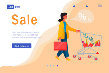 Shopping landing page. Woman with trolley making purchases. Web banner template. Female character carrying bag and pushing cart. Buying food products or gifts cartoon flat vector illustration