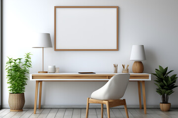 Add text on Minimal frame decoration on white wall. Interior minimal design and design space in room for wood furniture. Generative AI Illustration