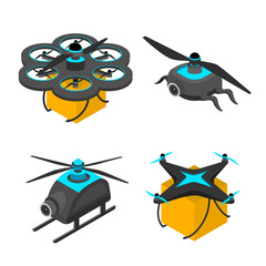 Drone set. Flying robotic gadgets with propellers, electronic devices delivery with parsels. panoramic photo or video equipment. Future technologies. Cartoon isometric vector illustration