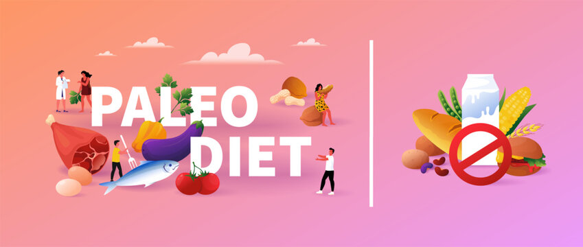 Paleo diet. Healthy lifestyle. Meat and vegetable. Paleolithic food banner. Fish and nut. Caveman nutrition. Doctor and happy persons. Dieting seafood with fruits. Vector illustration