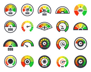 Speedometers set. Gauge, barometer and tachometer. Speed or fuel indicator, pointer, low and high. Interface design. Progress scale with arrow. Vector isolated measurement illustration - obrazy, fototapety, plakaty