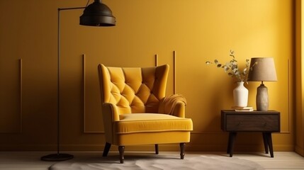 Tufted armchair and coffee table with a lamp near yellow wall generative ai