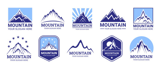 Mountain logo. Hill range icon, top of snow peak, ice rock blue silhouette, everest landscape symbol. Extreme hike and climbing logotype. Cliffs and peaks. Vector graphic pictograms