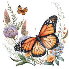 Fototapeta na wymiar Watercolor Monarch Butterfly with meadow wildflowers, Butterflies graphic illustration isolated with a transparent background, insect design created with Generative AI.