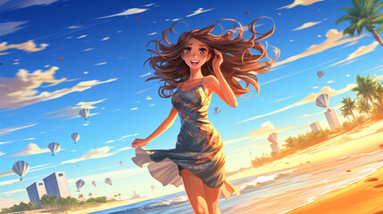 Obraz na płótnie Canvas A lively anime girl wearing a colorful bikini, dancing on a tropical beach with palm trees in the background.